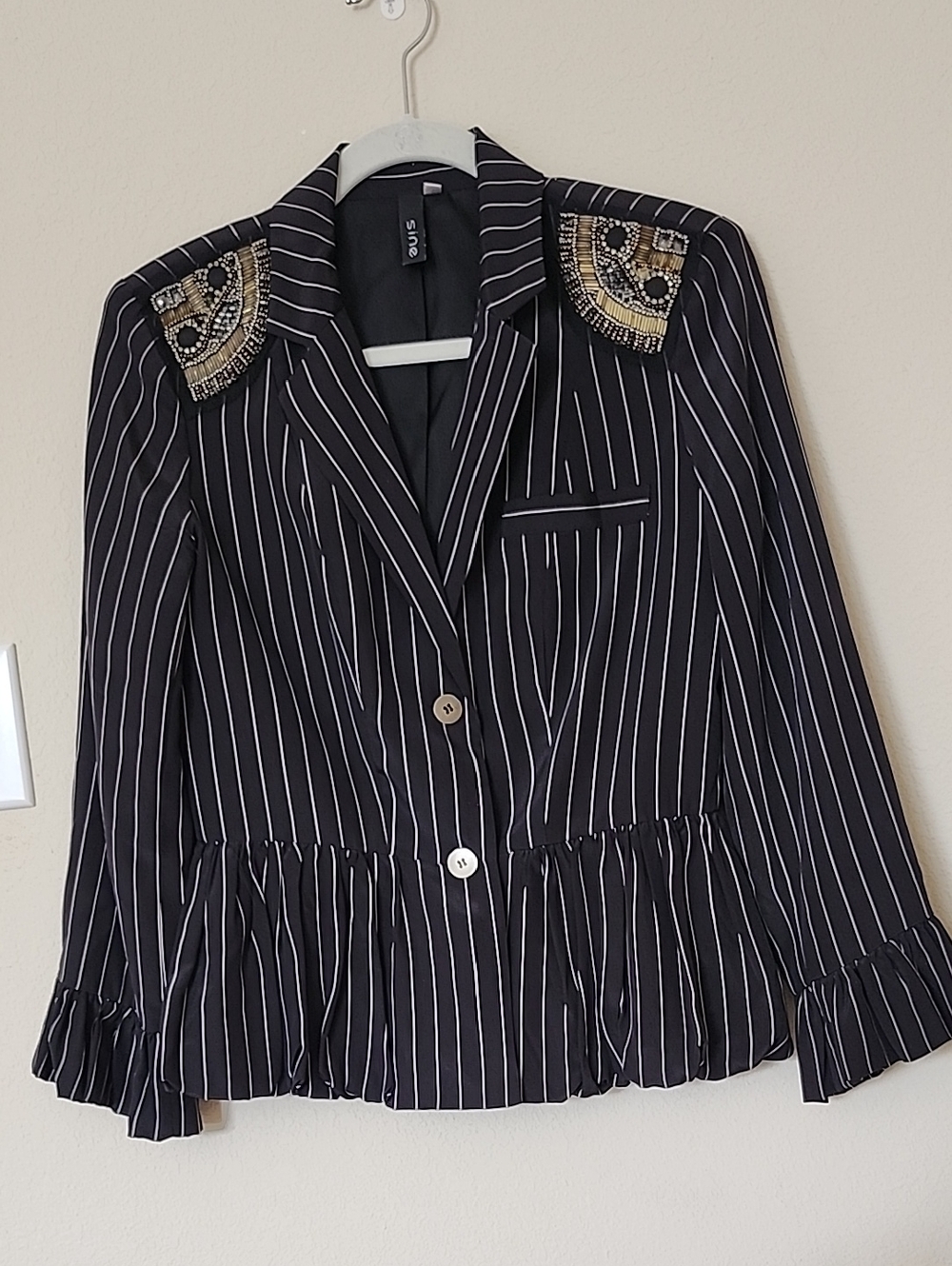 100 Percent Silk Striped Black Peplum Blazer with Embellished Shoulders